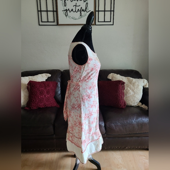 Peruvian Connection Floral Print Shabby Chic Red & Cream Midi Dress Size 2‎ - Picture 8 of 14